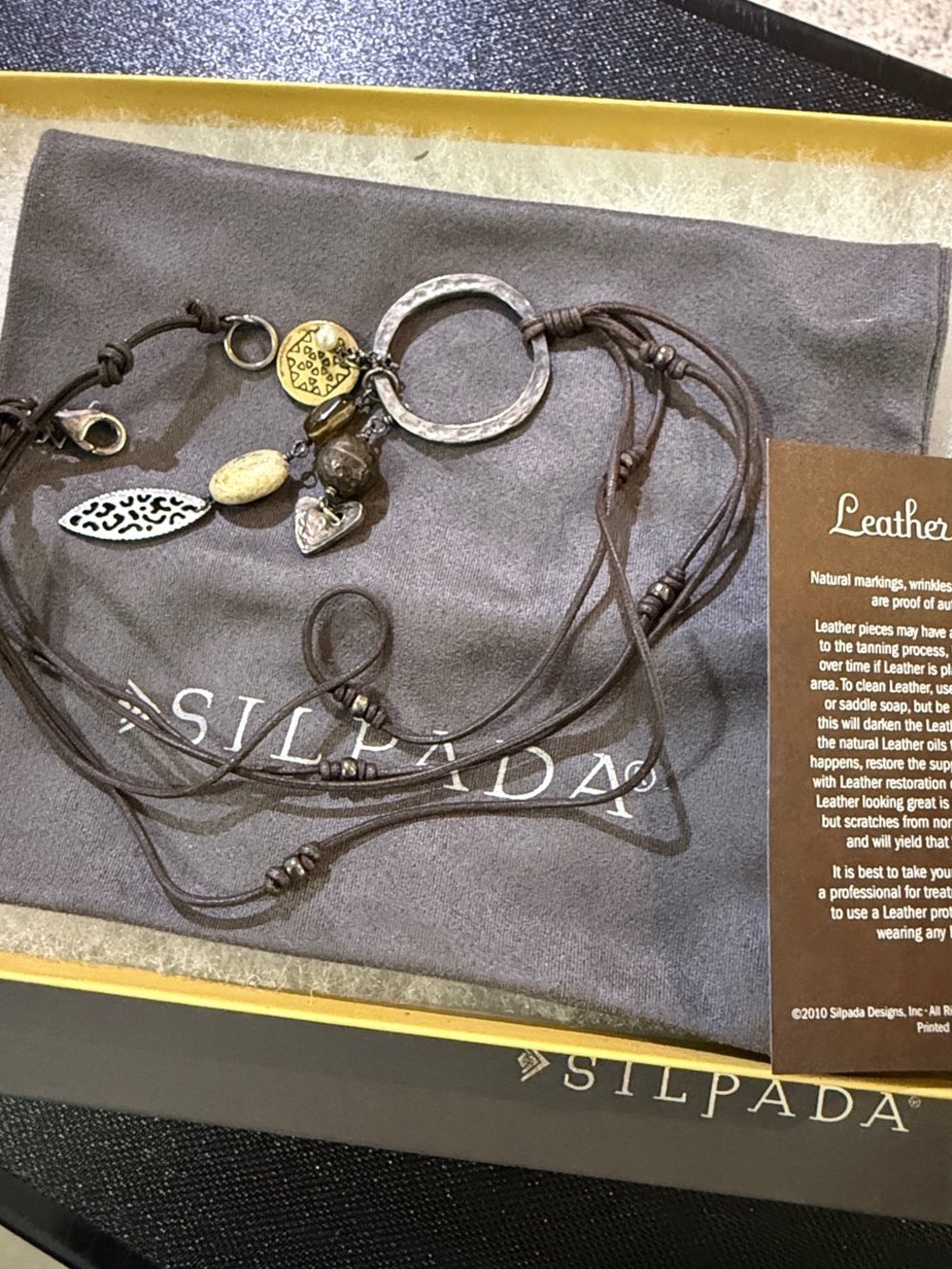 Silpada Brown Leather Multi-Charm Necklace with Silver & Bronze Metal Accents